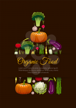 Organic vegetarian food emblem sign. Fresh farm vegetables poster in shape of cutting board. Healthy vegan nutrition label with elements of cabbage, pepper, bean, carrot, potato, kohlrabi, cucumber
