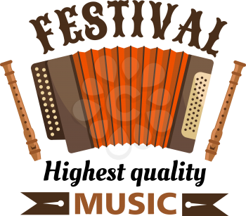 Music festival isolated vector label emblem. Russian harmon?ca and flutes with brown ribbon. Traditional accordion musical instrument icon for folk concert, music fest