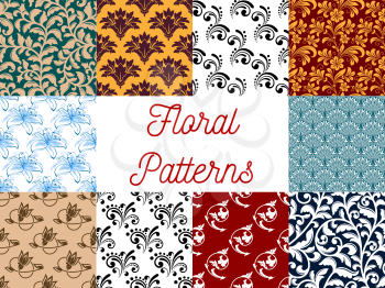 Floral decorative patterns set. Vector seamless ornate decoration pattern. Stylized flourish and flowery graphic ornaments for tapestry, textile, interior design elements, backgrounds