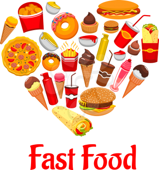Fast food icons in heart shape emblem. Vector label of cheeseburger, pizza slice, hot dog, french fries, soda drink, ice cream. Fast food menu card design element