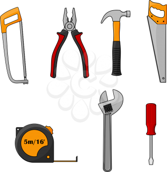 Repair and construction work tools isolated icons. Vector elements of home fix working instruments fretsaw, pliers, hammer nail puller, hand saw, measure tape, spanner, screwdriver
