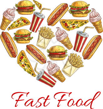 Fast food sketch icons combined heart shape. I love fast food concept. Vector fastfood label with elements of cheeseburger, pizza slice, hot dog, french fries, soda drink, ice cream for menu card, pos