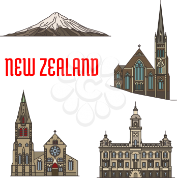 New Zealand tourist attractions and landmarks. Mount Taranaki, Knox Church, Dunedin Town Hall, Christchurch. Historic famous buildings vector detailed icons for travel, vacation design