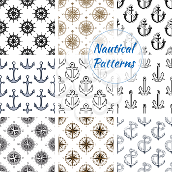 Nautical patterns set. Vector pattern of stylized navy ship anchor on rope chain, marine vessel steering wheel, navigation compass arrows. Nautical background design for greeting card, decoration, tex