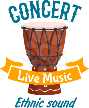 Live music ethnic concert isolated label emblem. Vector musical instrument of traditional african folk talking drum, ethnic conga drum, percussion tambourine. Music fest design with yellow brown ribbo