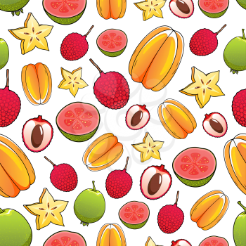 Fruits pattern. Juicy tropical exotic delicious fruits pattern of whole and sliced carambola, mango, feijoa, guava, lychee. Bright color fresh fruits seamless pattern on white tile background