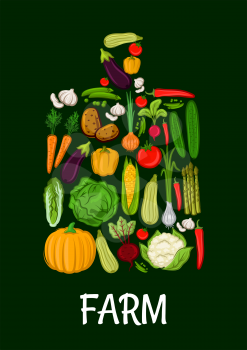 Farm vegetables emblem in shape of cutting board. Vector vegetarian label with vegetable pattern of fresh vegan of cabbage, onion, kohlrabi, pepper, zucchini, leek, celery, daikon radish, carrot, beet