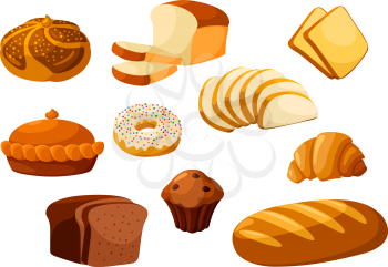 Bakery shop isolated vector flat icons. Baked bread products wheat, rye bread loafs, bagels, sliced bread toasts, croissant, chocolate muffin, donut, meat and fruit pie. Elements for bakery, pastry de