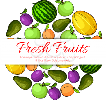 Fresh fruits banner. Fruit icons emblem made of ripe garden and exotic fruits pattern watermelon, apple, apricot, avocado, melon. Decoration design element for grocery store, book cover, menu