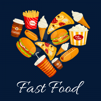 I love fast food flat icons in heart shape. Vector isolated fastfood label with elements of cheeseburger, pizza slice, hot dog, french fries, soda drink, ice cream. Fast food menu card, poster, banner