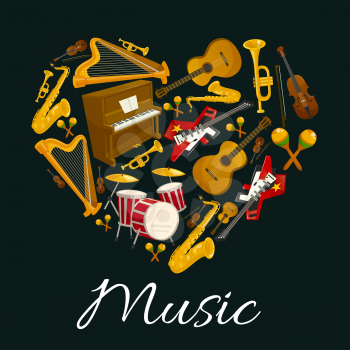 Music emblem of musical instruments in heart shape. Vector label with pattern of music instruments for jazz, rock, bossa nova, blues, pop, electro music disc cover, concert banner, music fest poster d