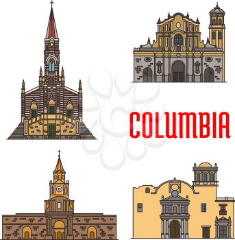 Tourist architecture landmarks of Colombia. Vector Cathedral of Our Lady Carmen, Popayan Santo Domingo Cathedral, Cartagena Town Hall, Ermita Church. Historic sightseeing icons for travel, vacations