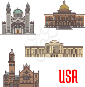 USA tourist attraction and architecture landmarks. St. James Cathedral, Massachusetts State House, National Gallery of Art, Old South Church. Vector icons of american famous buildings facades