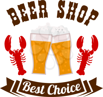 Beer shop emblem with drink and snacks. Vector sign of brewery beer bar, drink pub with elements of beer mugs, salty lobster snacks, ribbon with text