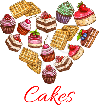 I love cakes. Pastry desserts in heart shape label. Bakery shop chocolate pies and cupcakes with strawberry cream toppings, fruit and vanilla muffins. Decoration emblem for patisserie, cafe, restauran
