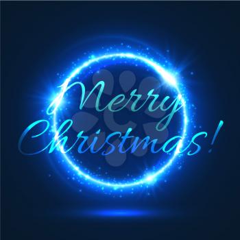 Merry Christmas festive shining poster of glowing circle of blue light with sparkling star and glittering flash. Winter holiday greeting card, xmas decoration design