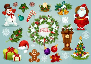 Christmas holiday icons of Santa Claus with gift, xmas tree with ball and lights, holly berry, snowflake, fir wreath, candy, gingerbread man, snowman, candle, bell, clock with pine, poinsettia flower