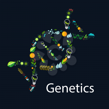 Genetics conceptual dna shape emblem. Technological research in medicine and human genetics symbol. Vector flat icons of green energy sources, lamp bulbs, nature leaves, water
