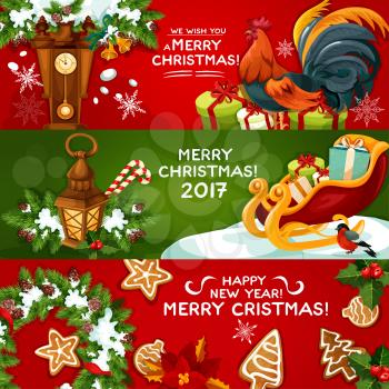 Christmas and New Year greeting banner. Gift, Christmas tree wreath with holly berry and ribbon, gingerbread cookie, candy cane, lantern and clock with fir branch, bell, snowflake, rooster, bullfinch