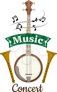 Music concert vector emblem with vector elements of folk and ethnic string musical istrument banjo, gambusi, biwa, koto, lute, flutes and music notes, clef with green ribbon for placard, concert poste