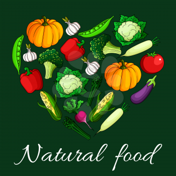 Heart of vegetables flat icons. Natural food emblem. I love vegetarian vector label of farm fresh vegetables of cabbage, pepper, bean, carrot, potato, kohlrabi, cucumber, peas. Vegan healthy lifestyle