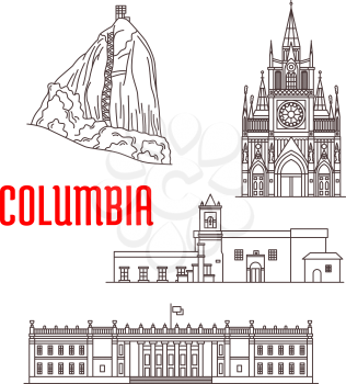Colombia. El Penon de Guatape Rock, Iglesia de la Merced church, Las Lajas Sanctuary, Colombia Capitol. Tourist landmarks and architecture of Colombia vector detailed icons