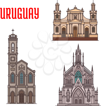 Uruguay tourist attraction, architecture landmarks. Church of Our Lady of Sorrows, Cathedral Basilica of Saint John the Baptist, Sagrada Familia Capilla Jackson. Historic famous buildings of Uruguay. 