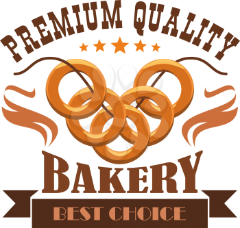 Bakery emblem. Bread bagel bunch. Business label for bread product shop with vector elements of wheat loaf, pretzel, bun on thread. Premium quality bakery shop sticker with brown ribbon