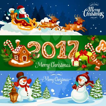 Christmas banner with Santa Claus flying on sleigh with reindeer, xmas gift, gingerbread house and man with holly berry and ginger cookie number 2017, snowman with gift bag and lantern