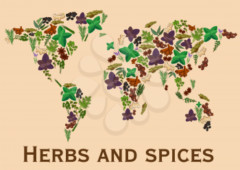 Herbs and spices flat icons in world map shape. Continents map of spice and herb ginger, basil, oregano, coriander, parsley and dill, thyme and mint, cinnamon and cloves, marjoram, tarragon, cilantro,