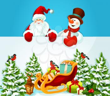Santa Claus and snowman holding a Christmas greeting card of santas sleigh with xmas gift and present box, holly berry and lantern, pine tree covered with snow. Winter holiday design