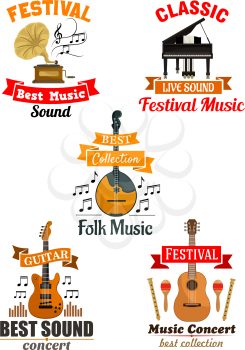Emblems and icons for music festival, concert. Vector labels of musical instruments piano, guitar, gramophone. Ribbons stickers for classic, ethnic, folk music concerts. Design for placard, poster, ba