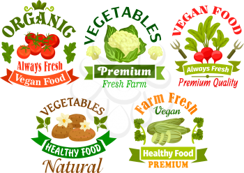 Organic vegan vegetables food emblems. Vegetarian nutrition elements of fresh natural farm vegetables. Vector isolated tomato, cauliflower, radish, potato, cucumber for grocery store, vegan cafe, rest