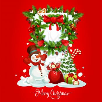 Christmas holiday card of snowman with gift and present box, xmas wreath with holly and pine tree branches, red bow and ilex berry, golden star, gingerbread heart, candy cane and pinecone