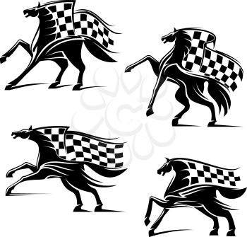 Racing sport emblems. Horses with checkered flags running, stomping, rearing, rushing. Horse or car races vector icons for sport club, bookmaker signboard, team shield, badge, label