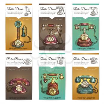Old vintage retro phones with receivers, dials, wires. Banners and cards. Sketch icons on color background