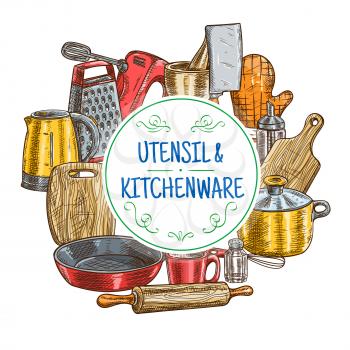 Kitchen utensils sketch. Vector icons of kitchenware appliances kettle, cutting board, glove, saucepan and frying pan, rolling-pin, cup and whisk, mixer, grater, hatchet, cooking glove, mortar