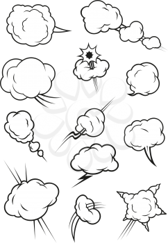 Cartoon cloud icons in comic book style. Isolated cumulus outline clouds. Vector elements of smoke puff, steam vapor, fume clap, explosion pierce, thunderbolt burst, sharp bang