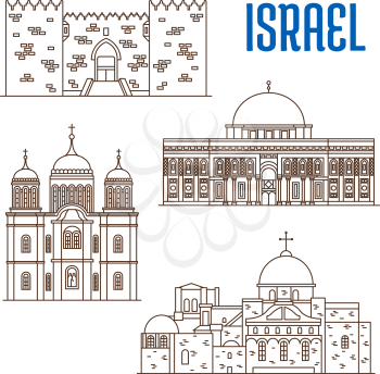 Historic buildings of Israel. Vector thin line icons of Damascus Gate, Al-Aqsa Mosque, Monastery Ein Karem, Church of the Holy Sepulchre. Israeli showplaces symbols for print, souvenirs, postcards, t-