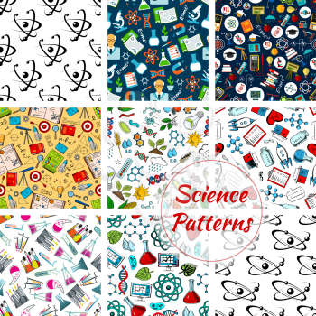 Science vector seamless patterns set of stationery, atom and formula, microscope and telescope, dna, chemicals, substance and gene, molecule and globe, proton and magnet, calculator, telescope, rocket
