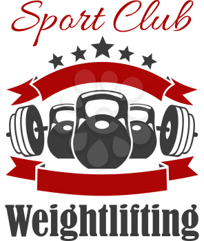 Weightlifting club sign. Vector badge for weightlifter, fitness, crossfit sport gym. Weight dumbbell, iron barbell, ribbon, star