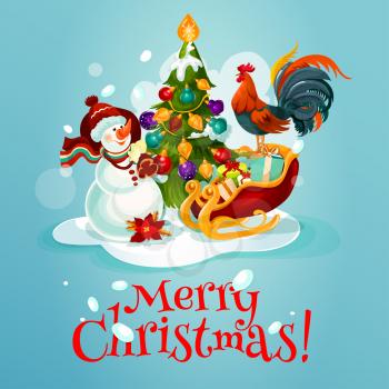 Christmas tree with bauble, lights and snow, gift box in santas sleigh, snowman with bag of present and rooster xmas greeting card design. Festive poster for winter holiday decoration