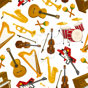 Musical instuments seamless pattern. Vector background of musical instruments with electric guitar, saxophone and harp, drum, violin bow, cymbal, trumpet, piano