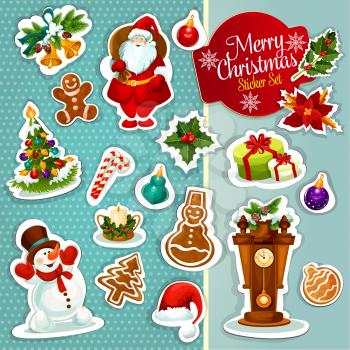 Christmas sticker icon set with gift box, xmas tree, Santa Claus, snowman, candy cane, holly berry, bauble, santas hat, gingerbread cookie, candle, bell with pine, poinsettia flower and clock