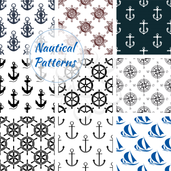 Nautical pattern set of navy anchor, ship steering wheel symbol. Blue marine seamless background with yacht, compass vector icons