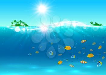 Summer holiday vector background. Tropical paradise with ocen waves, Hawaii palm island, sand beach, shining sun, underwater fish. Exotic travel vacation
