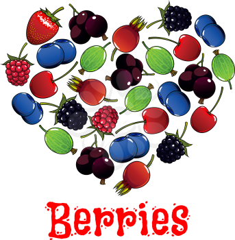Berries. Vector heart shape symbol of cherry, strawberry, raspberry and blueberry, blackberry, gooseberry, dog-rose berry, blackcurrant