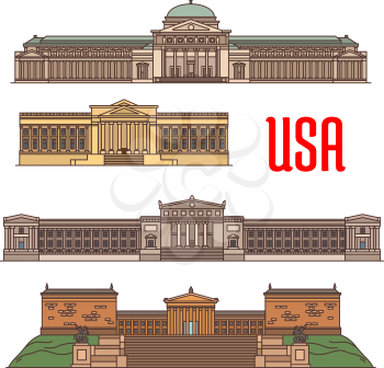USA sightseeings vector icons of Philadelphia Franklin Institute, Chicago Museum of Science and Industry, Field Museum of Natural History, Museum of Art. Travel attractions and architecture landmarks 