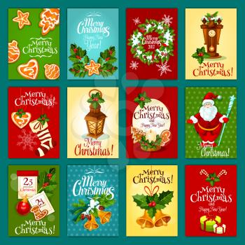 Christmas winter holiday card set with Santa Claus, gift box, holly berry with bell, candle and lantern, xmas stocking sock and bauble, pine tree wreath, gingerbread cookie, calendar and clock