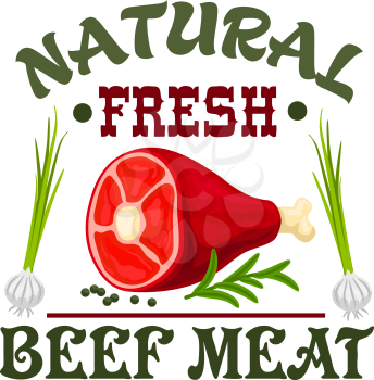 Meat icon. Butcher grocery shop. Natural fresh beef meat. Vector raw ham, bacon, beef steak with spices, greens for restaurant menu